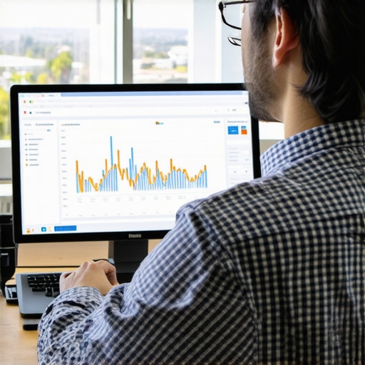SEO specialist analyzing local search data on a computer with Irvine cityscape background