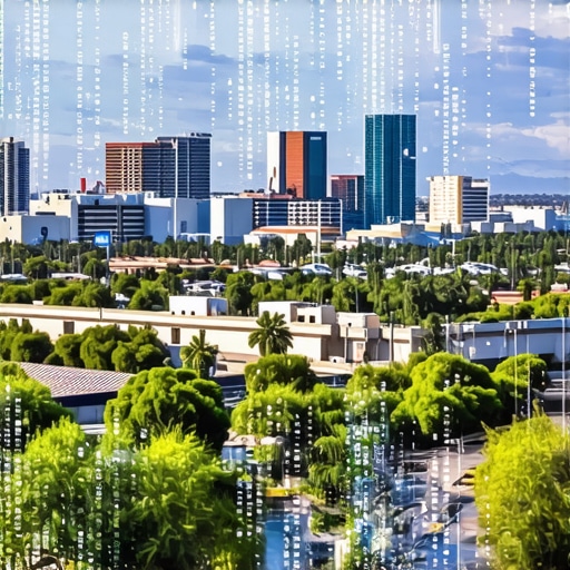 Future Irvine Cityscape with SEO Tech Futuristic Irvine cityscape with digital SEO elements