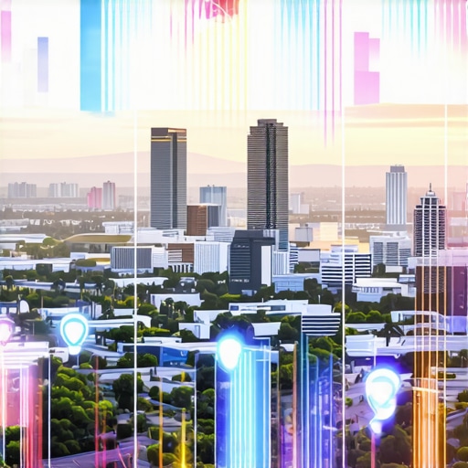 Irvine Cityscape with SEO Elements Modern Irvine cityscape showcasing digital marketing and SEO icons