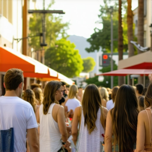 Busy Irvine street with diverse local businesses and engaged community members