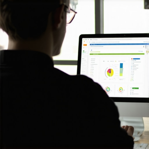 Business owner analyzing local SEO data on computer with schema markup and geo-targeted content insights.