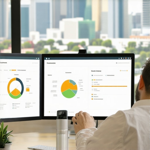 Person analyzing local SEO performance metrics with Irvine cityscape