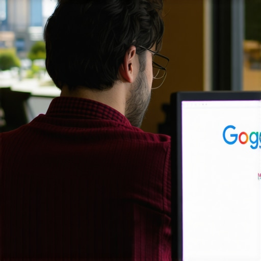 Business owner reviewing Google My Business insights on a laptop with Irvine skyline