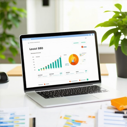 Laptop displaying local SEO analytics with various digital marketing tools around it.