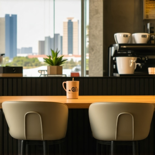 Exterior view of a coffee shop in Irvine with city skyline