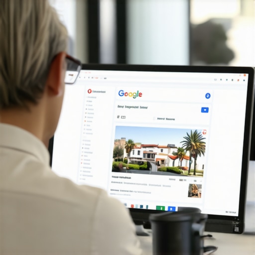 Business owner updating Google My Business listing with Irvine landmarks in background.