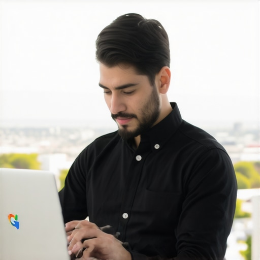 Person updating Google My Business profile on laptop with Irvine cityscape background.