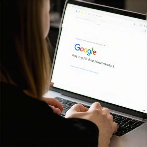 Person updating a Google My Business profile on a laptop with Irvine community branding.