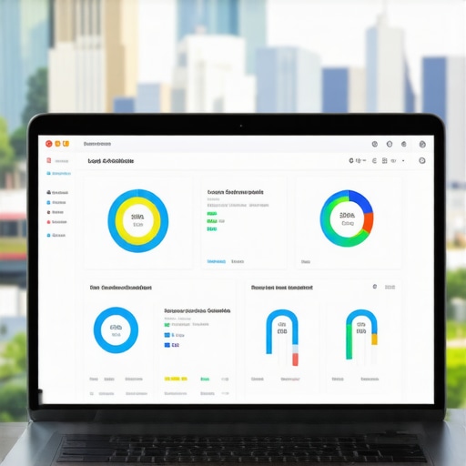 Laptop displaying local SEO monitoring tools with Irvine cityscape in background.