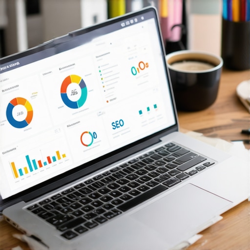 Close-up of a desk with a laptop showing local SEO analytics and tools.