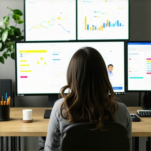 An individual managing SEO analytics on a computer with dashboards showcasing rankings, citations, and reviews.