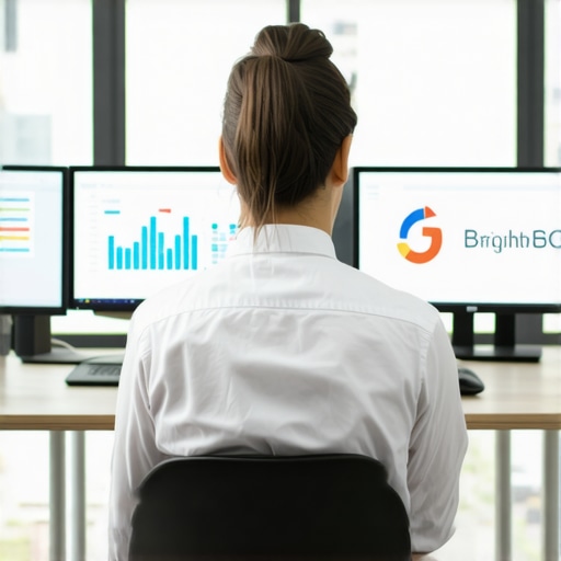 A professional analyzing local SEO data on multiple screens in an office, representing ongoing maintenance of local SEO strategies.