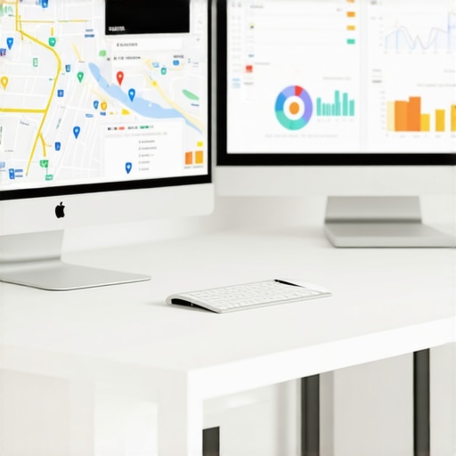 An office desk displaying SEO and Google Maps dashboards for Irvine local business optimization.