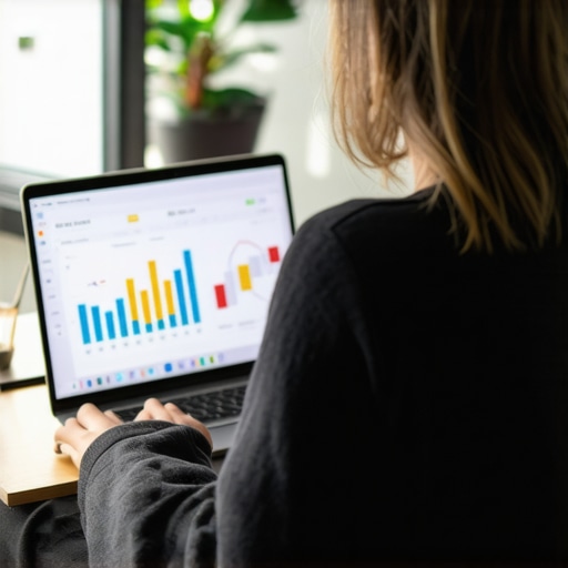 Professional working on local SEO analytics using a laptop with graphs in an office