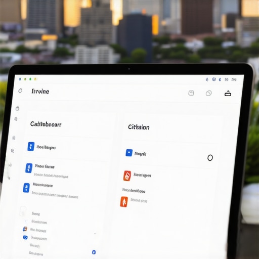 Person analyzing local search rankings and citation data on a computer monitor with Irvine skyline