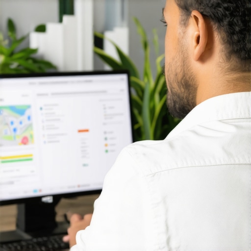 Expert Analyzing Irvine Local SEO Strategies Business owner reviewing local SEO analytics with Irvine landmarks behind