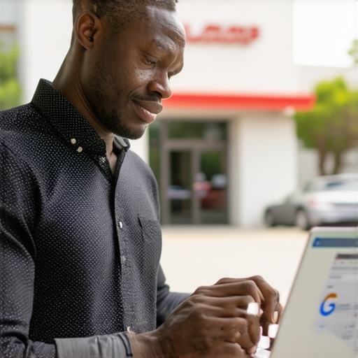 Business owner editing Google My Business profile on laptop with Irvine storefront in background.