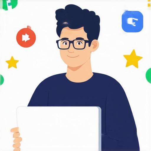 Business owner updating Google My Business profile with maps and review icons.