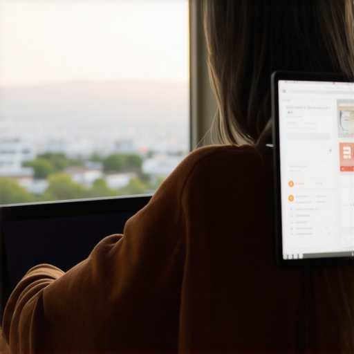 Individual analyzing SEO data on computer with Irvine skyline