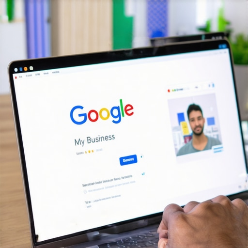 Person reviewing Google My Business profile on laptop with Irvine landmarks