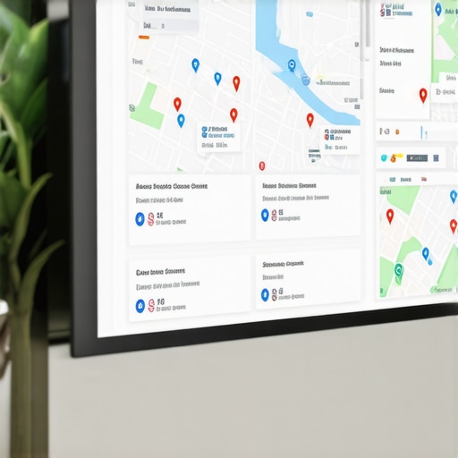 Illustration of a workspace showing local SEO planning with Irvine map and Google My Business insights.