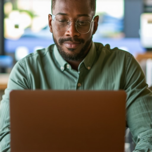 Business owner managing Google My Business profile on a laptop in Irvine