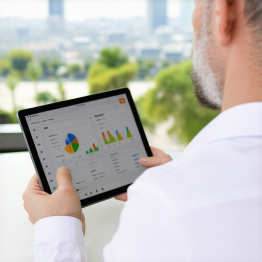 Business owner analyzing local SEO performance with Irvine cityscape