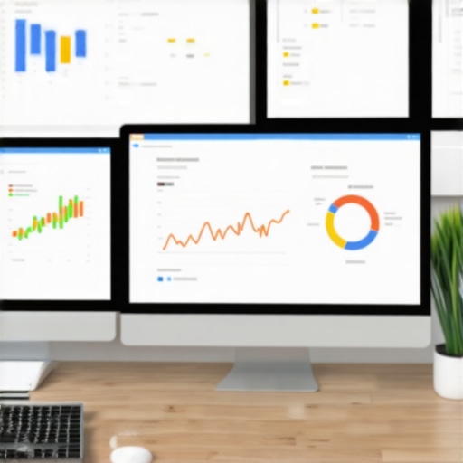 An array of SEO analytics dashboards displayed on computer monitors in a professional office setting.
