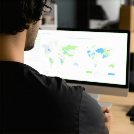 Person analyzing local SEO analytics on computer screens displaying maps and performance metrics