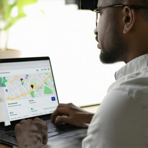 Business owner working on Google My Business profile on laptop with maps and SEO tools