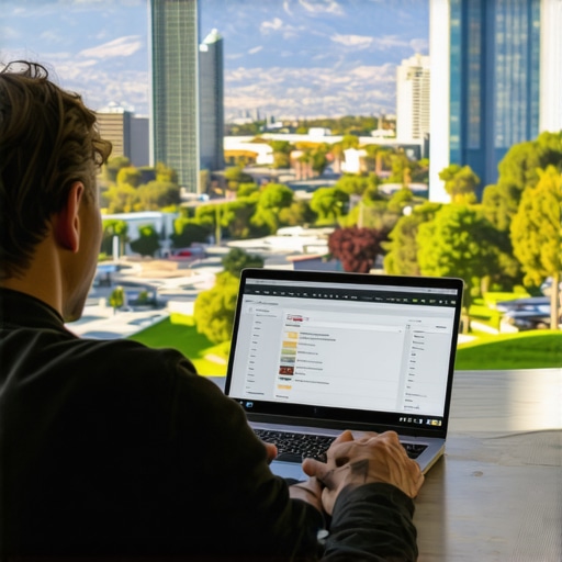 Person optimizing Google My Business profile with Irvine landmarks in background.