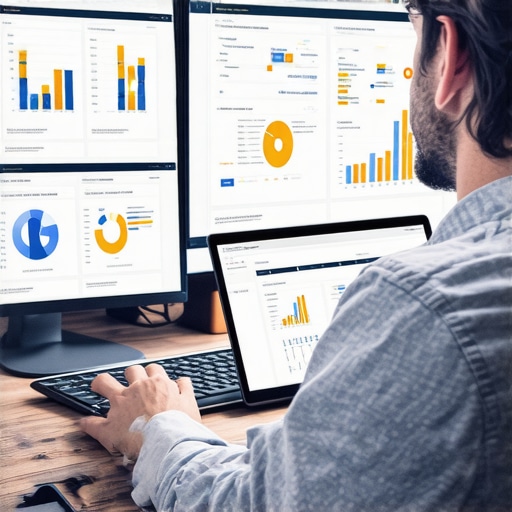 An advanced digital SEO setup with multiple monitors showing analytics, citation management, and local rankings.