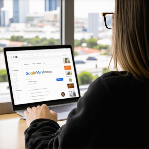 Business owner optimizing Google My Business profile with Irvine city skyline behind.